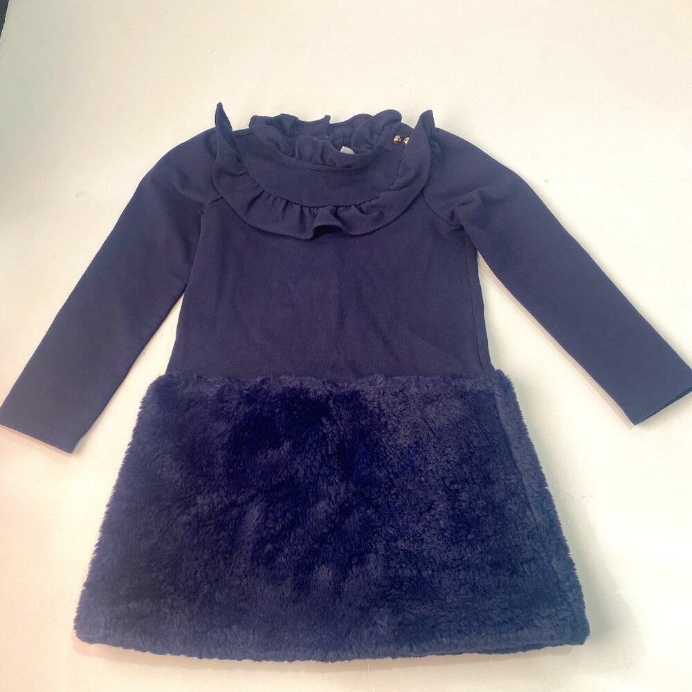 Janie and Jack, girl's size 4, faux fur ponte, navy, long sleeved dress. EUC.